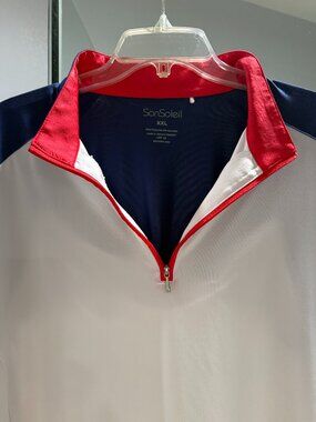 San Soleil Size XXL Red, White and Blue long sleeve top with venting in the back